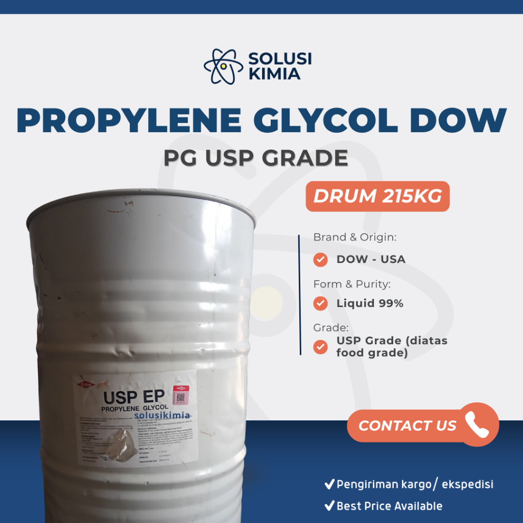 

Propylene Glycol USP Grade Dow USA Drum 215kg Original Bahan Kimia Food, Kosmetik, Vape