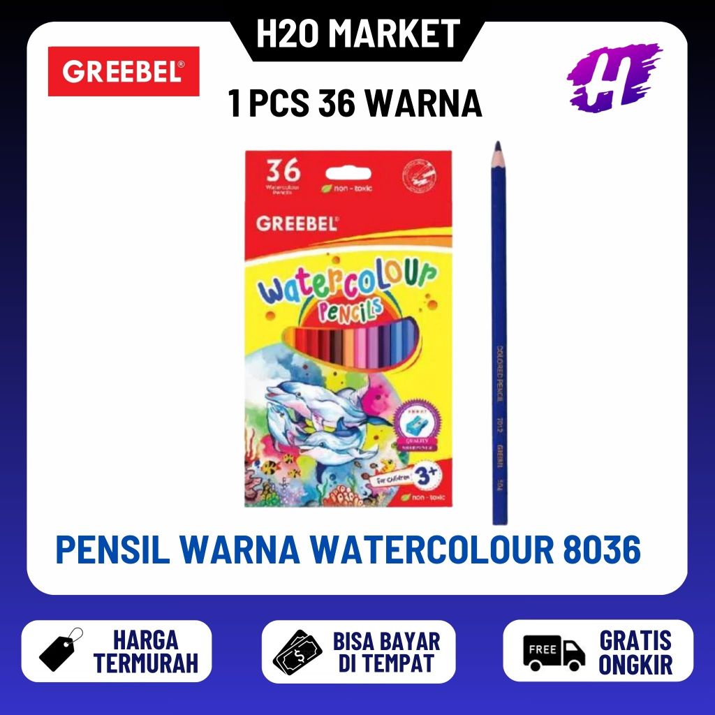 

❤️H2O❤️ GREEBEL Pensil Warna WATERCOLOUR 8036 (ISI 36) bonus kuas & serutan / Coloring/Color/Colour Pencils bonus serutan Cerah tidak