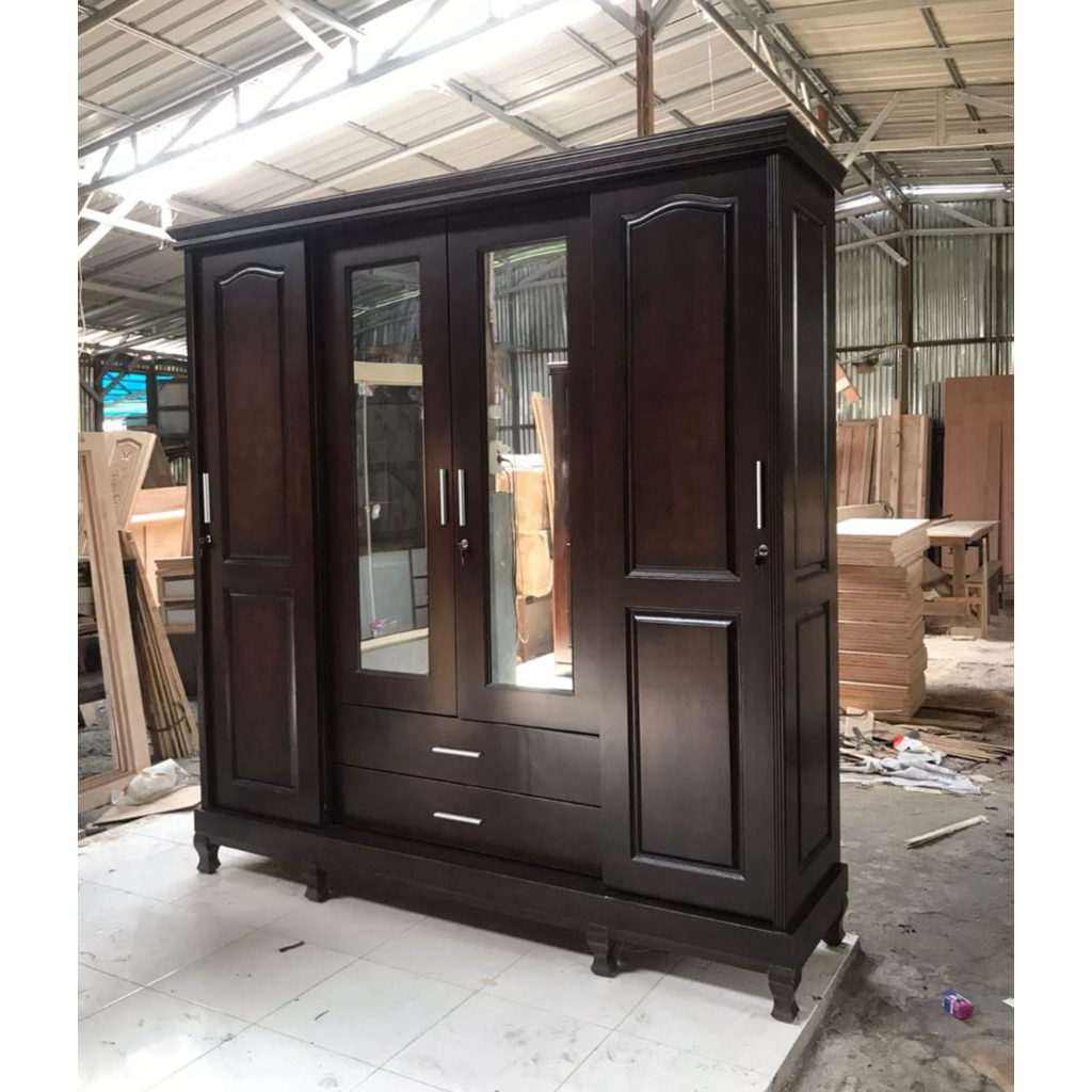 Lemari Pakaian Kayu solid 4 pintu Sliding