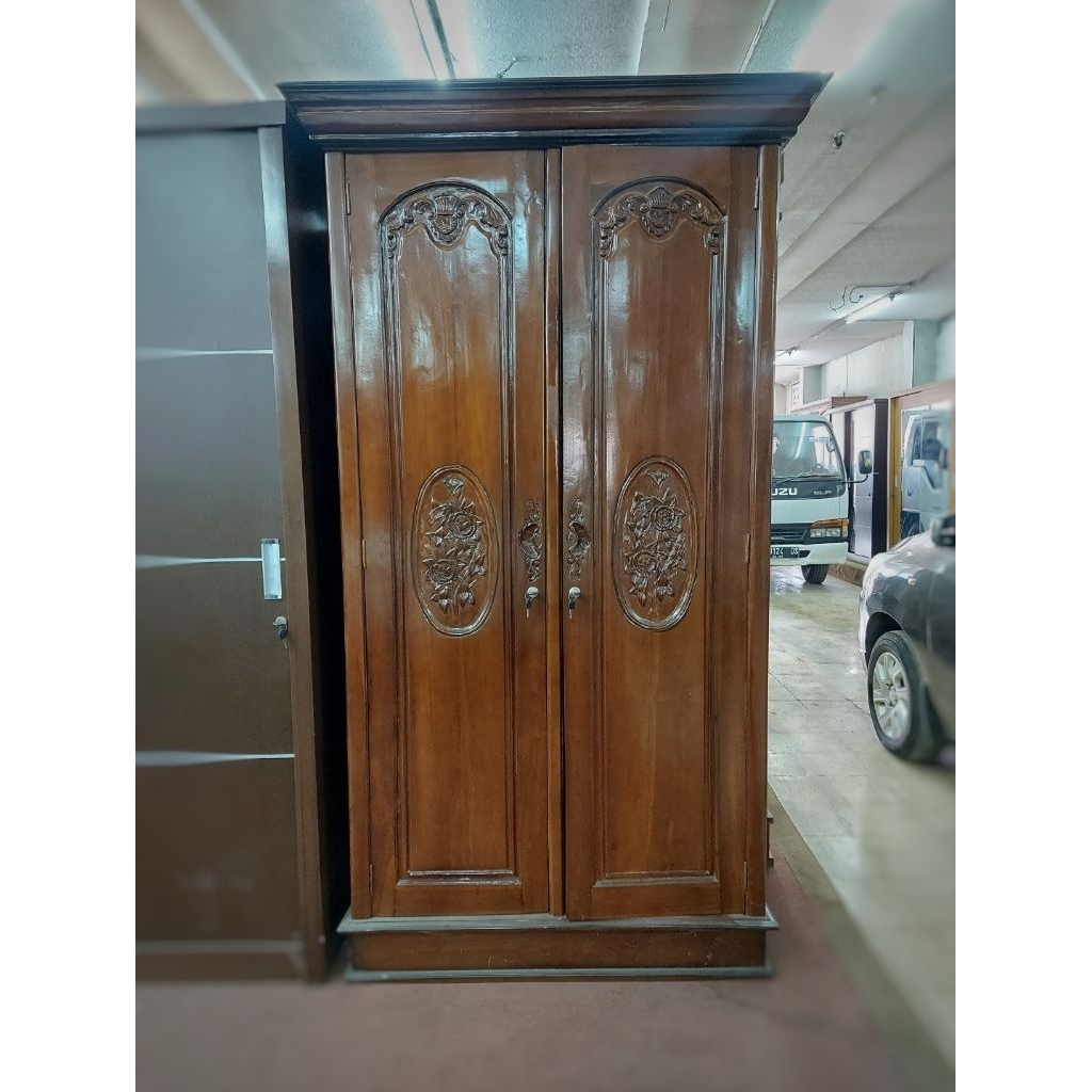 Lemari Pakaian 2 Pintu Kayu Jati Model Mawar - Rak Baju Kayu Solid - Furniture