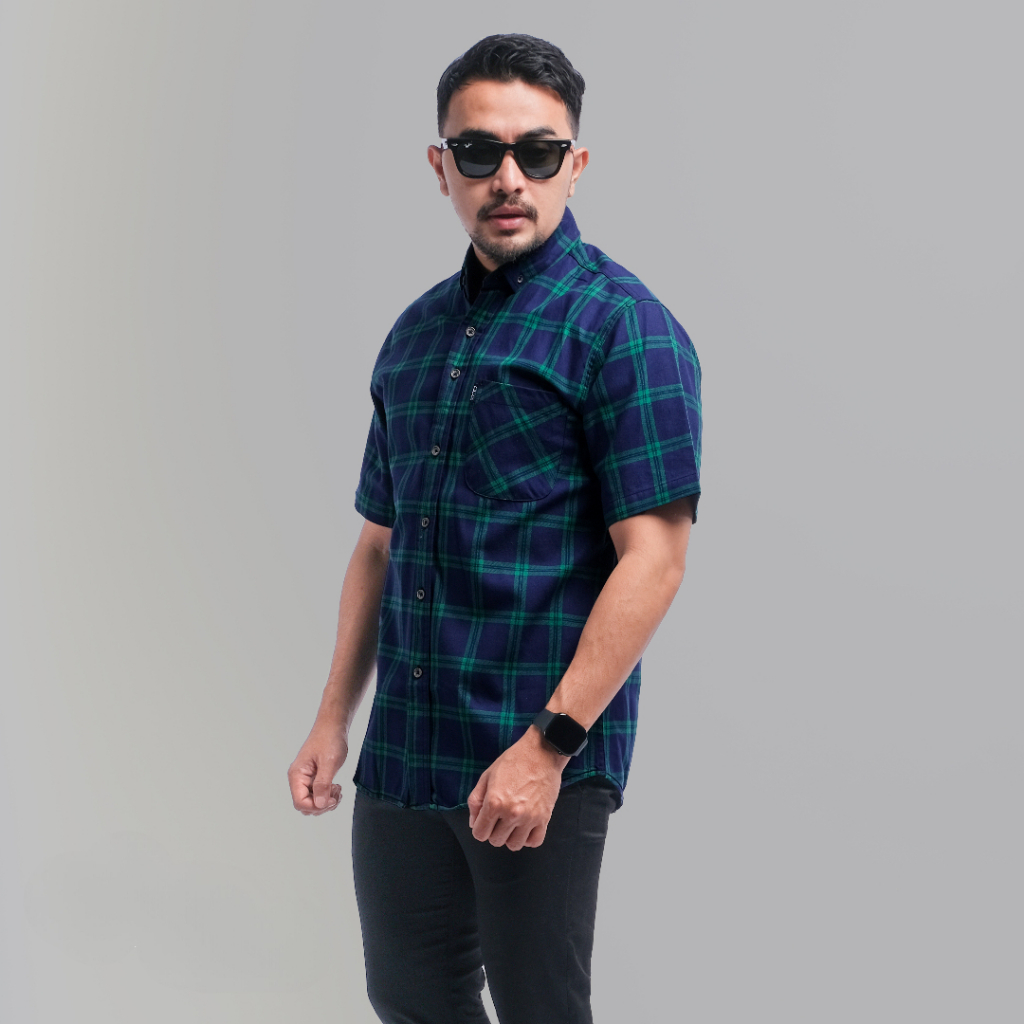 DGM Kemeja Flanel Pria Lengan Pendek Navy Garis Hijau Kemeja Pria Flanel Pria Kemeja Pendek 2919
