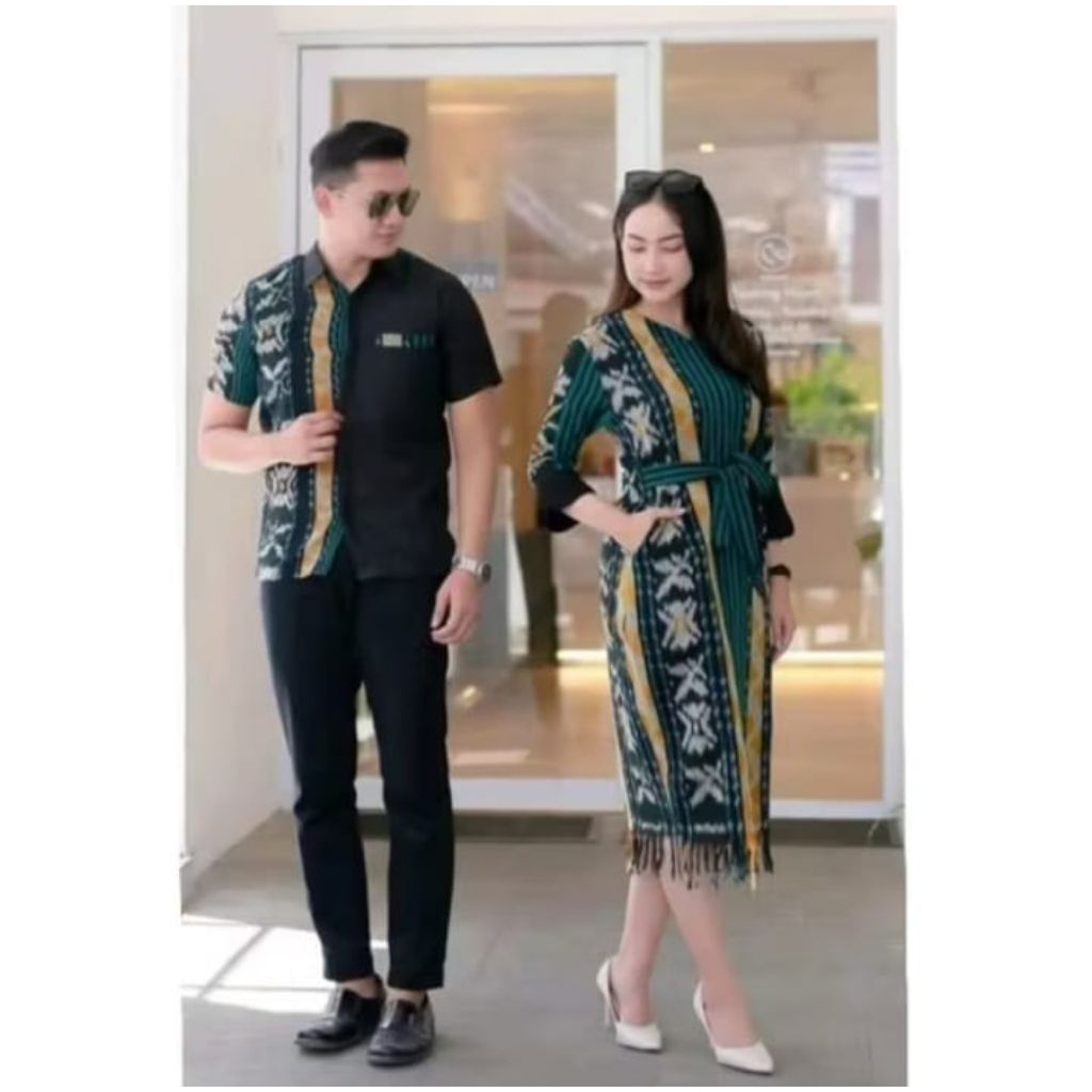 Ready stok,, Baju tenun ethnik set couple motiv mawar hijau, kombinasi kain toyobo