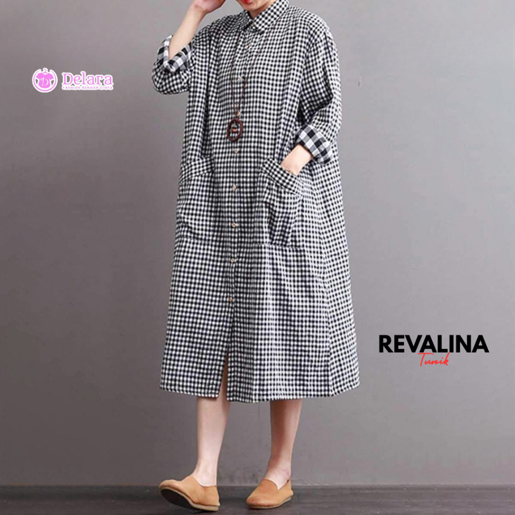 Delara l Fashion Wanita Model Tunik Revalina Motif Kotak Kotak Bahan Katun