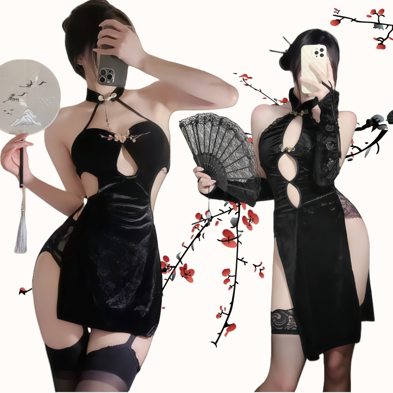 Sexy cheongsam Plum blossom embroidered cheongsam Rose Print Cheongsam Sexy Lingerie Wanita Sexy Nig