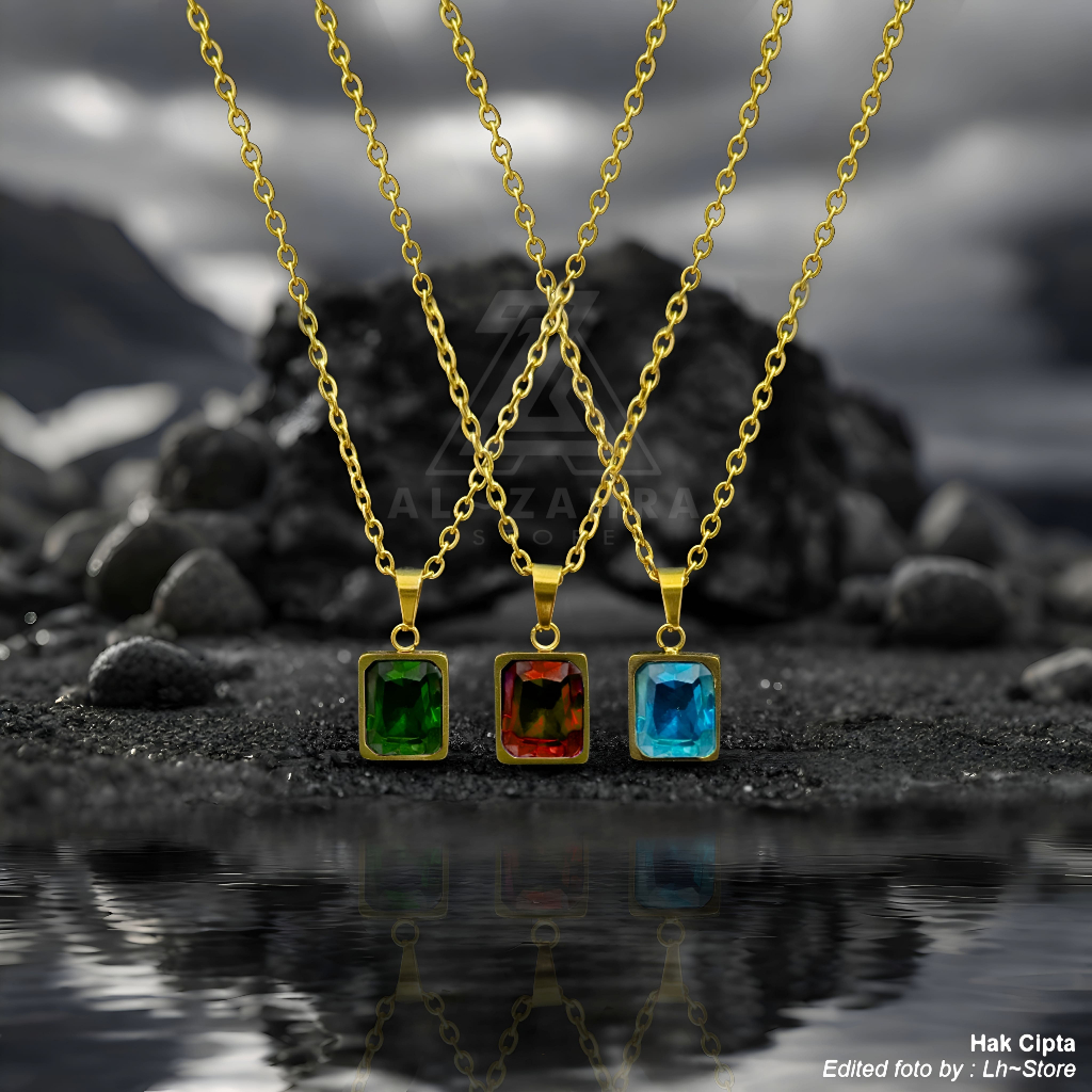 KALUNG STAINLESS STEEL EMAS TAHAN AIR & TAHAN KARAT LIONTIN BATU PERMATA ZAMRUD RUBY SAPPHIRE UNTUK 