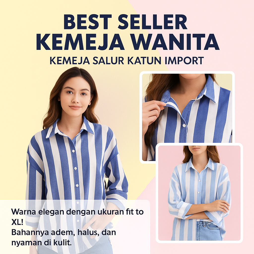 Kemeja Wanita Oversize Salur Import Premium Best Seller • Atasan Stripe Katun Casual Formal LD 120 P