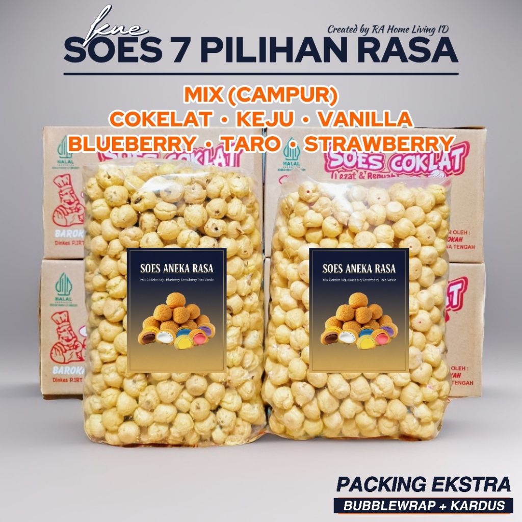 

SOES 7 RASA 1KG - MIX COKLAT KEJU BLUEBERRY STRAWBERRY TARO VANILLA KUE SUS KERING LUMER 2KG 500GR MANIS