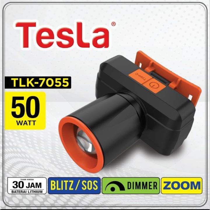 Senter Kepala Tesla Zoom 50 Watt TLK - 7055 cahaya putih / Senter Kepala Super Terang Tesla TLK - 70