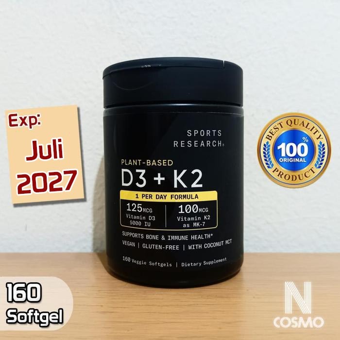 Sports Research D3 + K2 160 Veggie Softgels with Coconut MCT Oil 125 mcg 5000IU D3 125mg K2 100mg