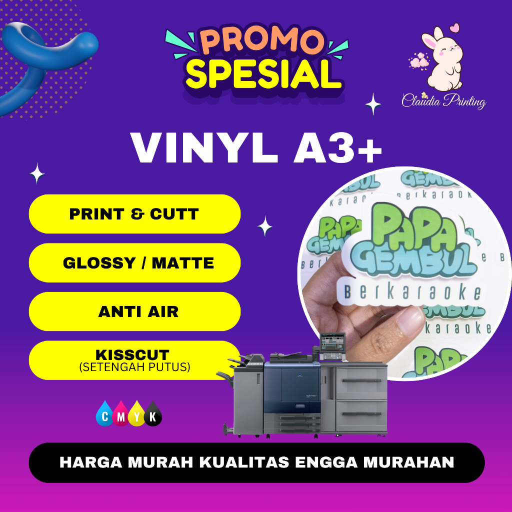 

Print & Cut Sticker Vinyl A3+, Cetak Kiss Cut Stiker Label Vinyl (Tahan Air) Murah