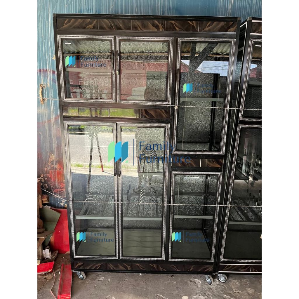 Lemari Rak Piring Tempahan Aluminium Hitam 3 Pintu 6 Daun