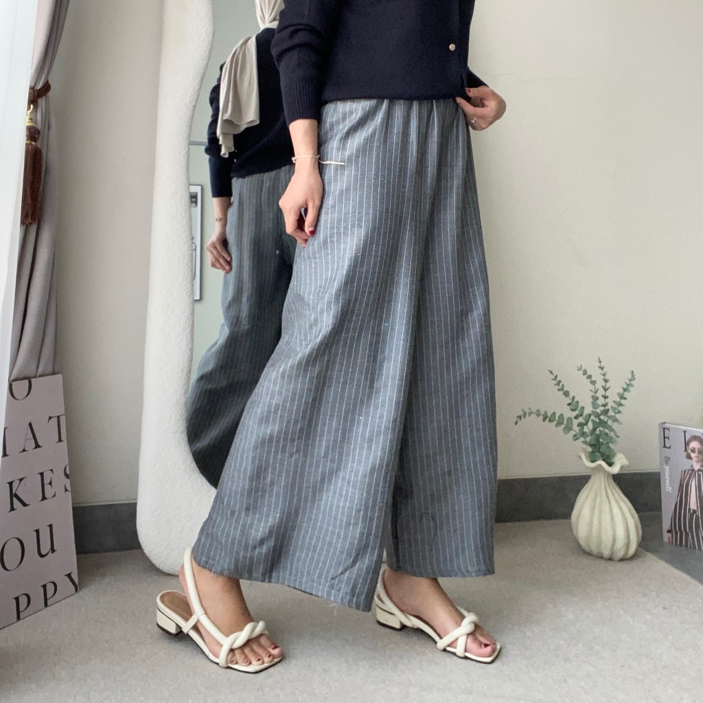 Kulot Salur Semi Wool Jumbo - Celana Kulot Stripe Basic Jumbo