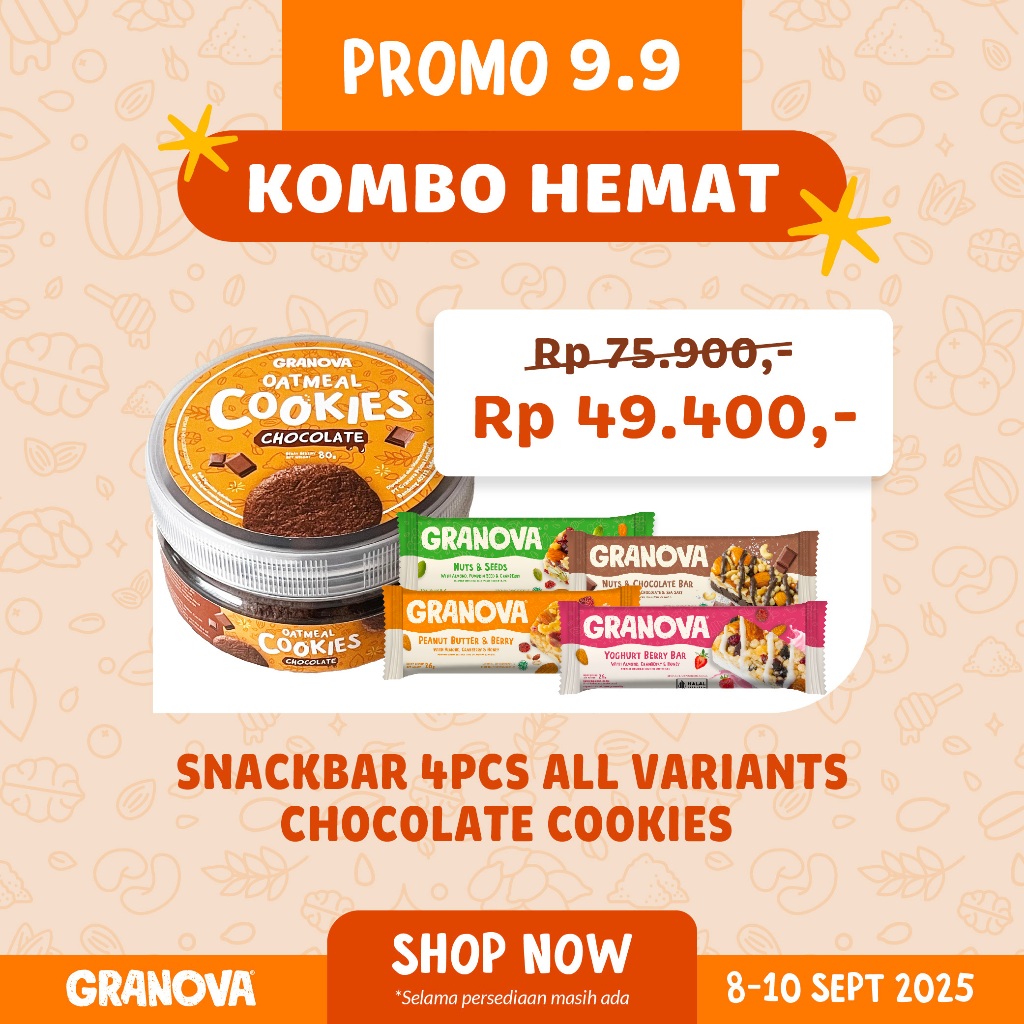

Granova - Snackbar 26gr x 4 pc (Rasa Original, Peanut Butter & Berry / Selai Kacang & Buah Beri, Nuts & Chocolate / Kacang & Coklat) - Cemilan Sehat, Gandum, Halal