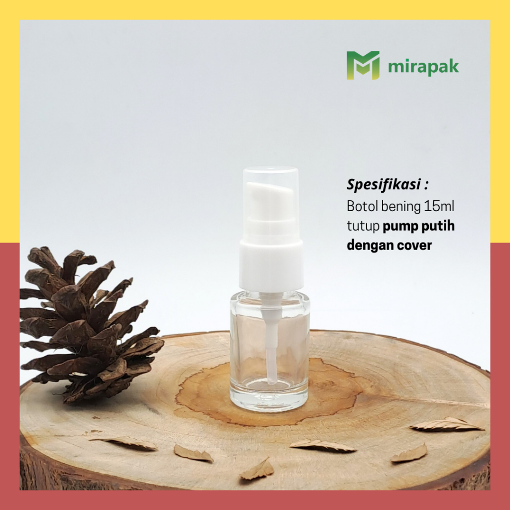 BOTOL PUMP LOTION 15ML BENING CLEAR BAHU DATAR KACA TEBAL - TUTUP PUMP PUTIH FULL COVER BENING - SER