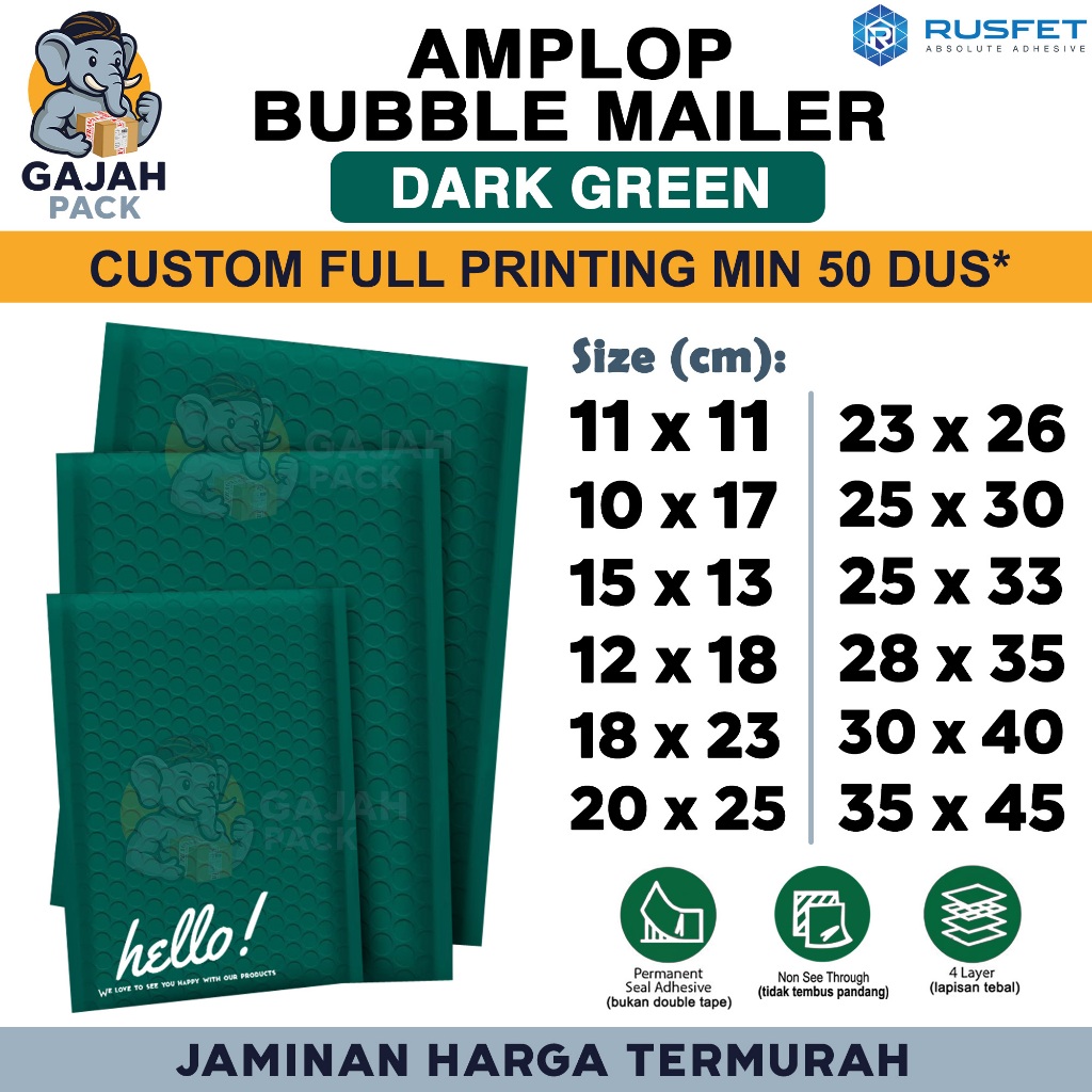 

Amplop Bubble Wrap DARK GREEN Hijau Envelope Bubble Bag Mailer Safety Security Packing Perekat Paket Premium Murah RUSFET / SATUAN
