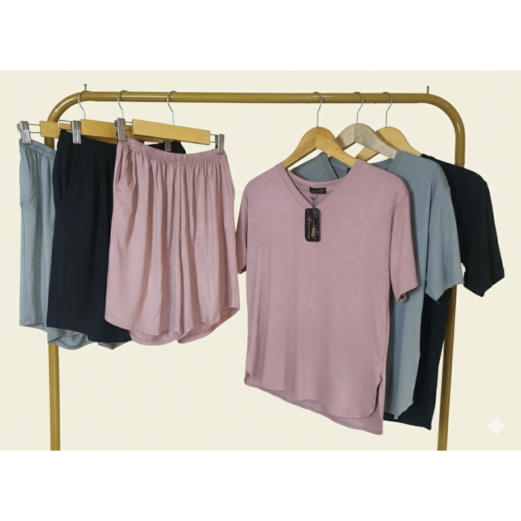 stelan one set kaos polos wanita V-neck dan celana pendek