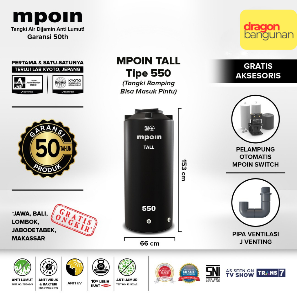 Tangki Air Mpoin Tall 550 Hitam - Toren Air Mpoin Tall 550 Liter