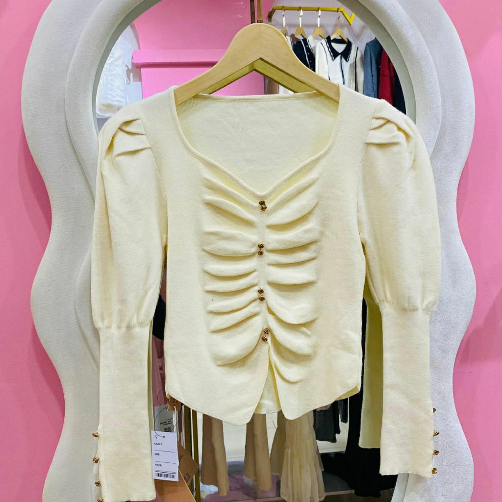 Blouse Rajut Wanita Renda Kancing Depan – Atasan Korea Lengan Panjang Hijab Import Premium (Malvina_