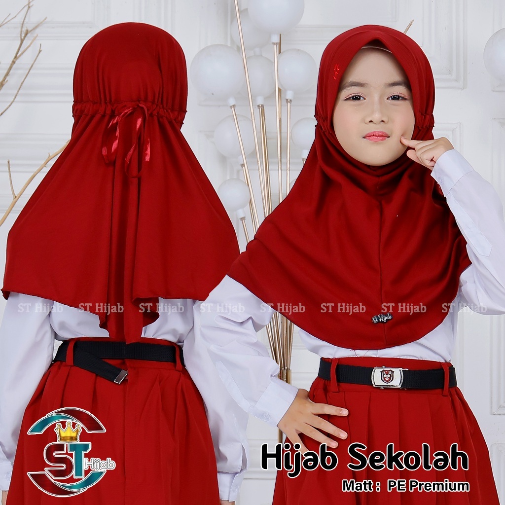 Kerudung Sekolah ST Hijab ORI Kaos PE Premium SD SMP SMA Model Serut Pita Samping Tertutup