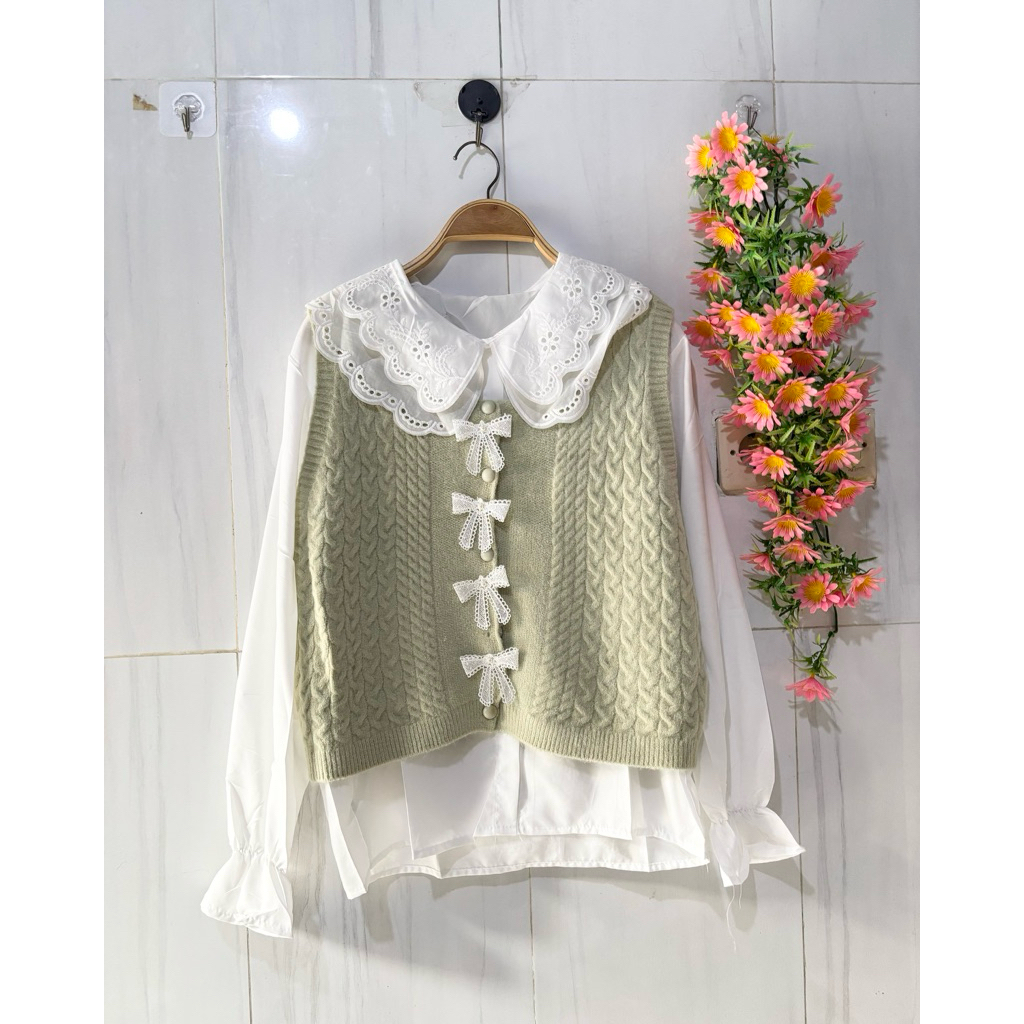 kemeja wanita katun import premium kombinasi vest rajut kemeja 2in1 kemeja vest rajut