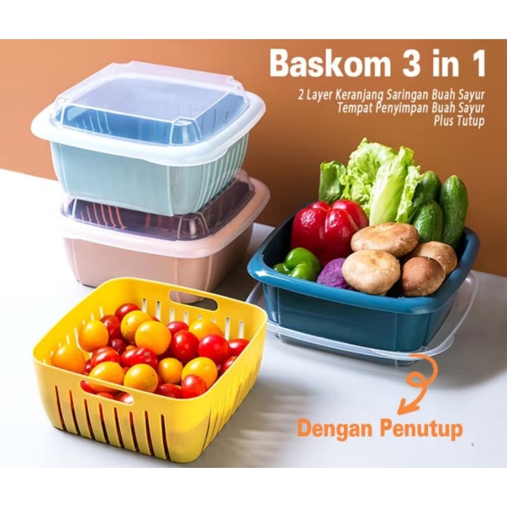 Baskom 3in1 / Keranjang Saringan Buah Sayur / Baskom Pencuci Peniris + Tutup / Baskom Serbaguna