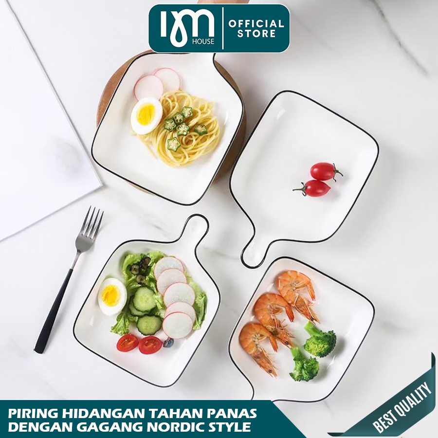 INMINDHOUSE Piring Saji Persegi Gagang Keramik Putih List Black Elegant/Piring Lauk Saji Kotak Mewah