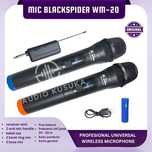 MIC WIRELESS BLACK SPIDER WM 20 BLACK ORIGINAL PROFESSIONAL MICROPHONE UHF GARANSI BLACKSPIDER