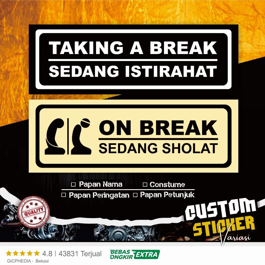 

Papan Tanda On Break | Papan Sedang Sholat | Sticker| Papan Petunjuk | Hiasan Dinding | Dekorasi Dinding Cafe Toko Rumah Makan