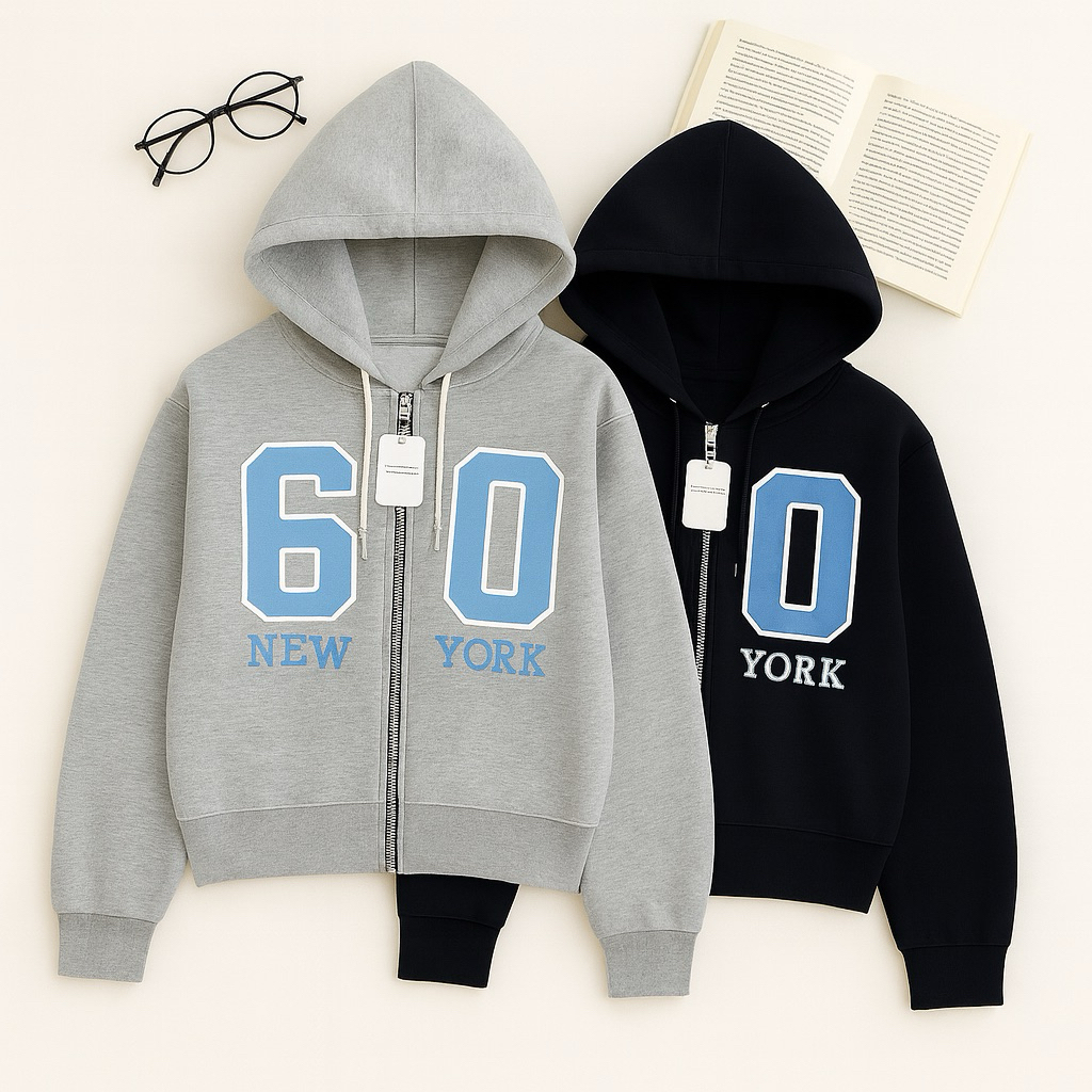 Jaket crop wanita 60 Newyork zipper hoodie catton fleece premium