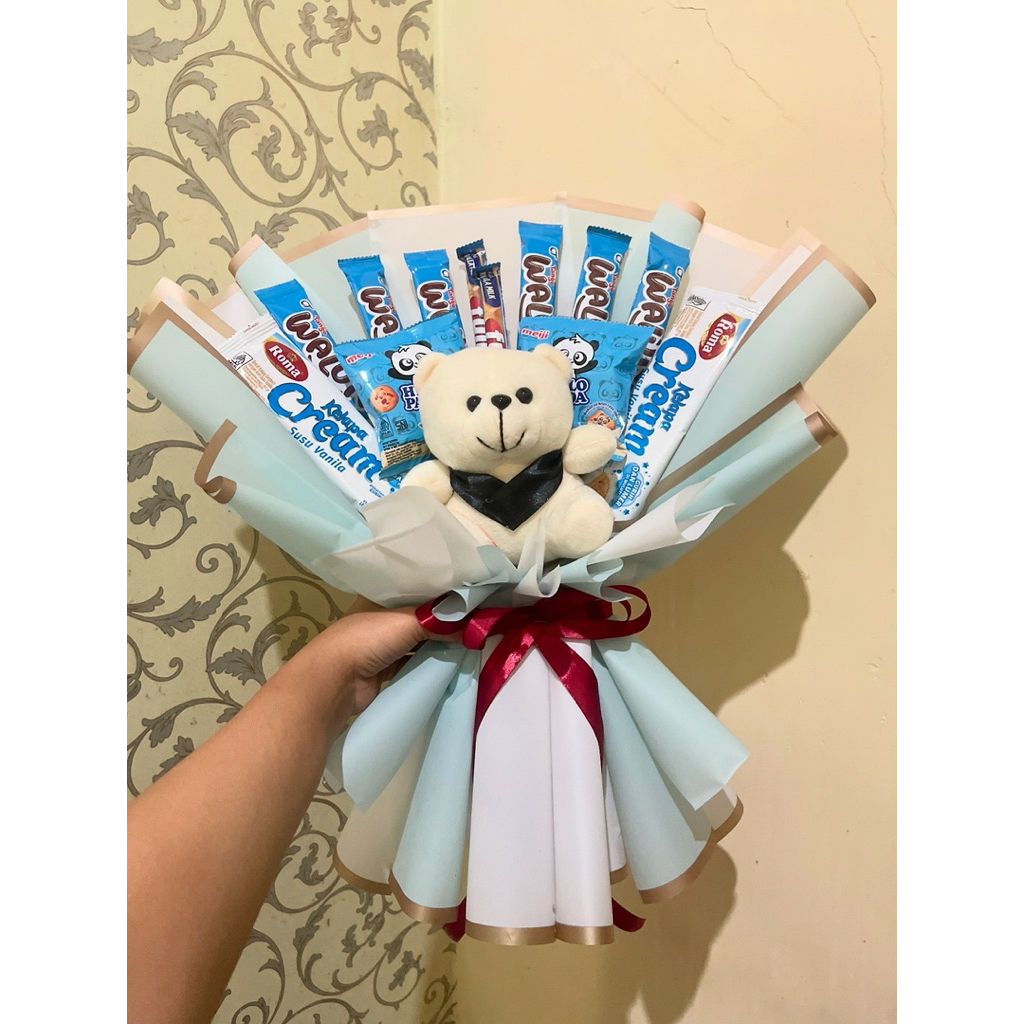

buket bunga snack jajan boneka