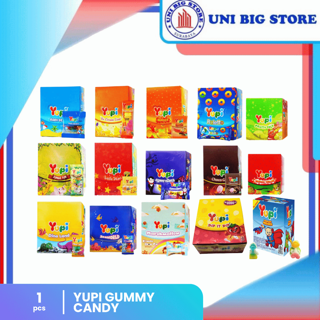 

Yupi Permen Jelly Gummy Candy Baby Bears - Ice Cream Cone - Burger - Jungle Fun - Little Star - Gummy Fangs - Seaworld - Dino Land - Choco Glee - Roletto - Marshmellow BOX