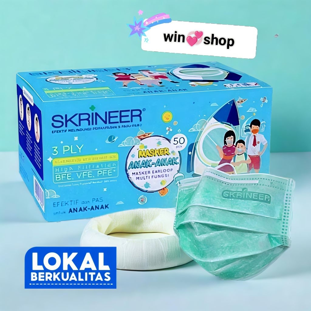 MASKER SKRINEER EARLOOP ANAK 3 PLY HIJAU 50s BFE 99%