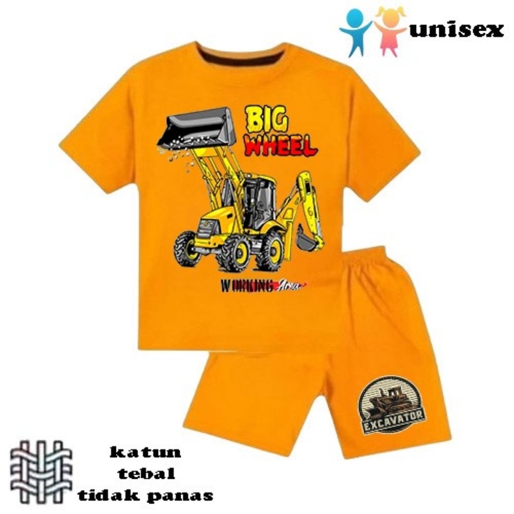 setelan baju anak laki-laki perempuan baju kaos anak laki-laki perempuan motif excavator mobil pengg