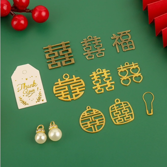 De Gift Shop Gantungan ShuangXi emas | Hiasan kotak Souvenir Pernikahan | Tag ShuangXi Gold (free Pe