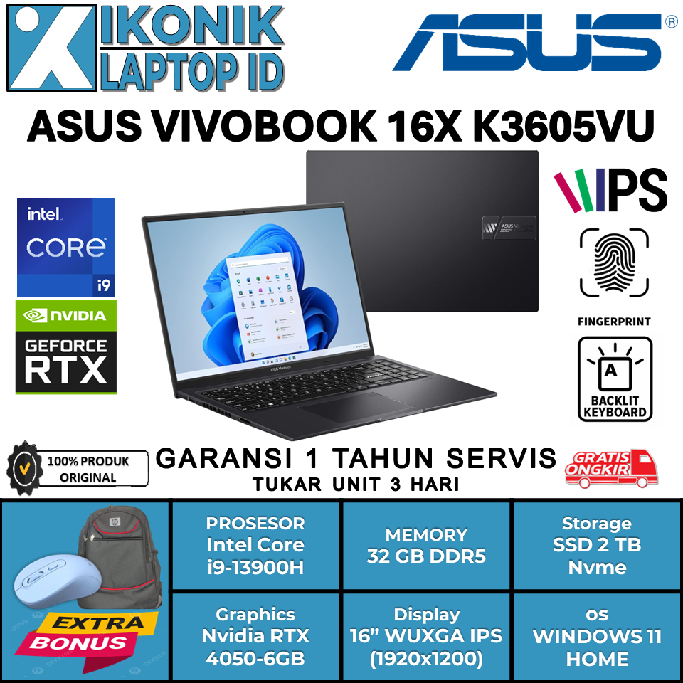 Laptop Gaming tipis Asus Vivobook 16X Intel Core i9 13900H Nvidia RTX 4050-6GB Ram 32GB Ssd 1TB Nvme