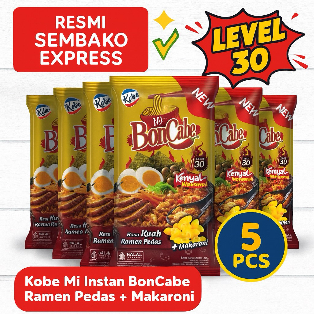 Kobe Mi Instan BonCabe Level 30 Ramen Pedas + Makaroni 5 pcs @90g