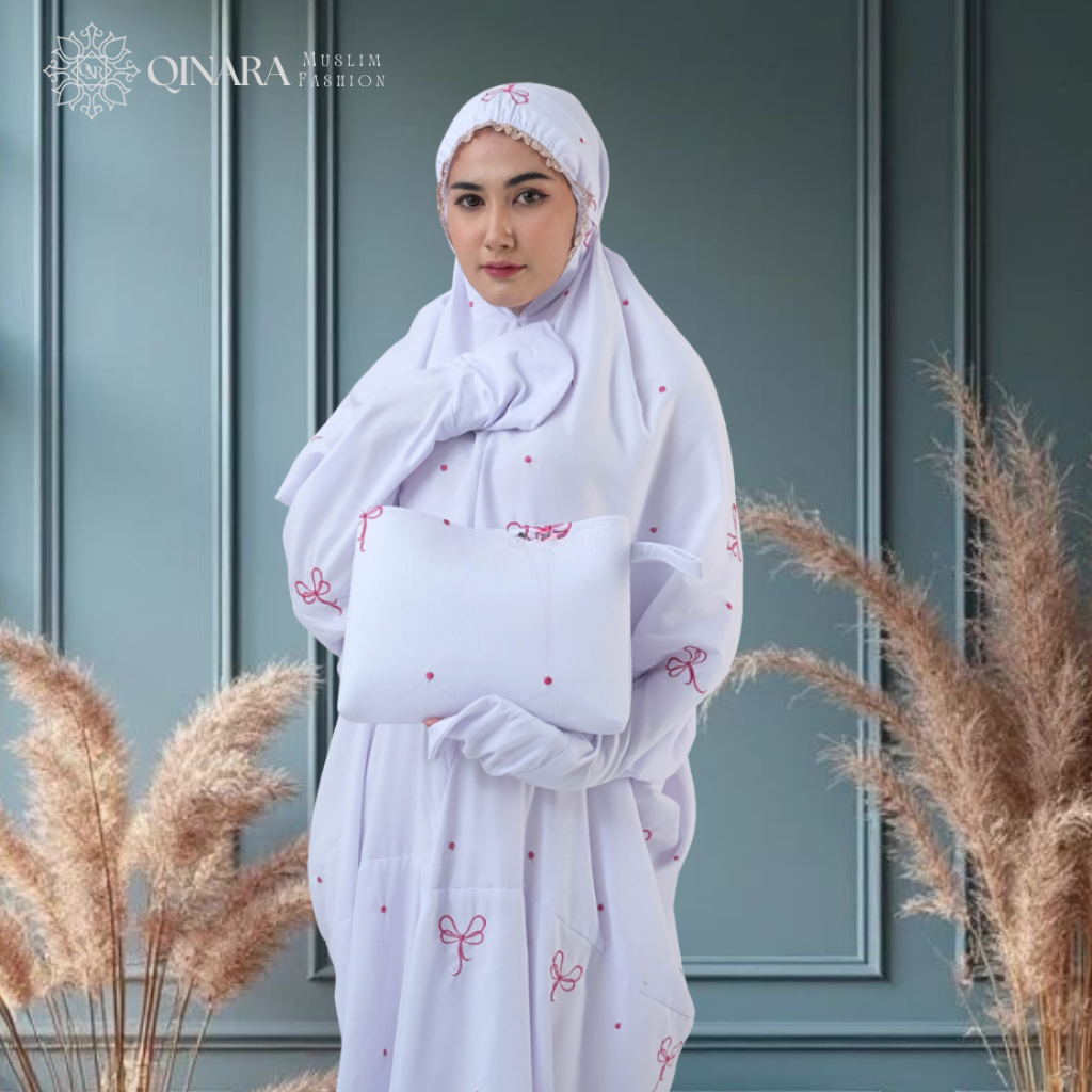 QINARA  Mukena Coquette Ribbon Terusan Lajuran Pita Katun Premium Full Bordir Putih Dan Hitam