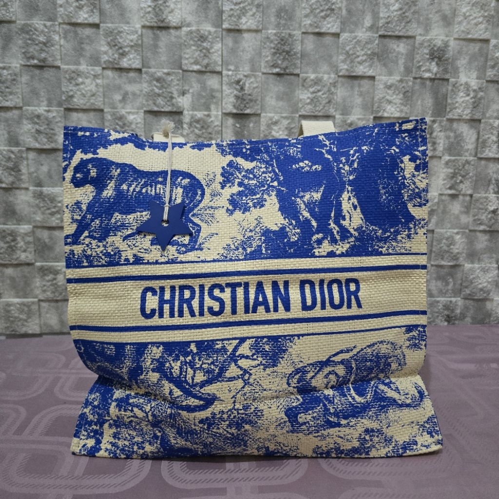 Dior Dioriviera toile de jouy woven raffia canvas tote bag