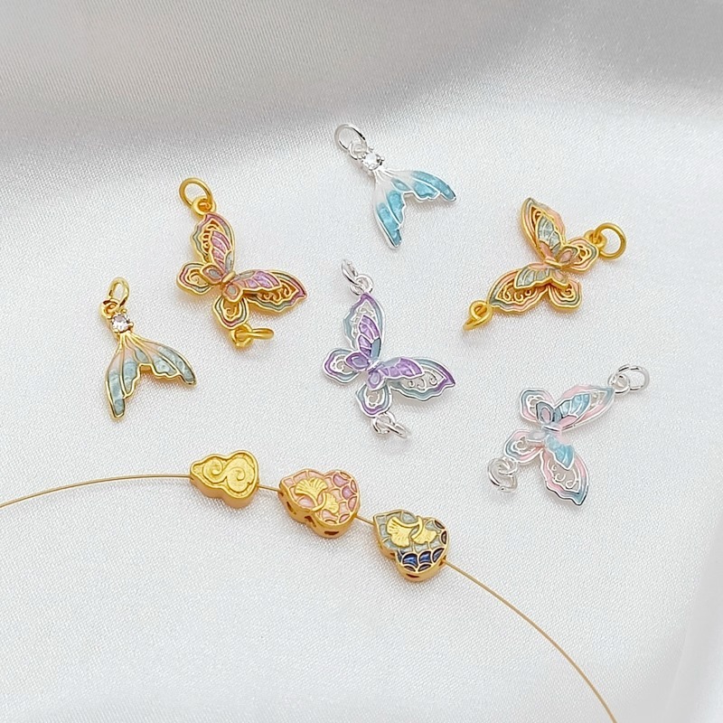 Copper alloy plated with 18K sand gold/silver, double pendant with gradient butterfly, ginkgo leaf, 