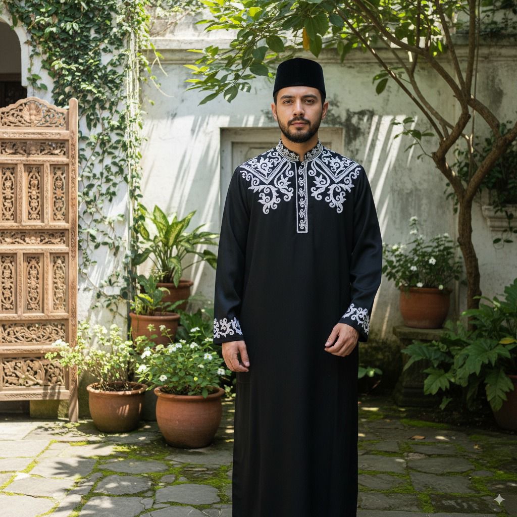 Jubah Gamis Pria Bordir Corneli Stik Jubah Pria Hitam Bordir Lengan Bordir