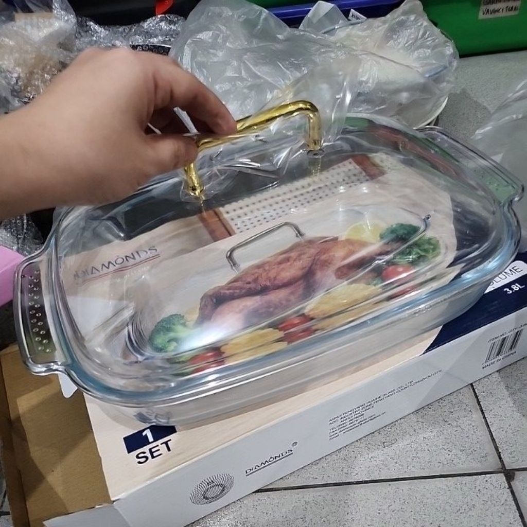 Wadah saji kaca plus tutup Diamonds 3,8ltr Mangkok Estetik Tempat Sayur Prasmanan Mangkok kaca segi 