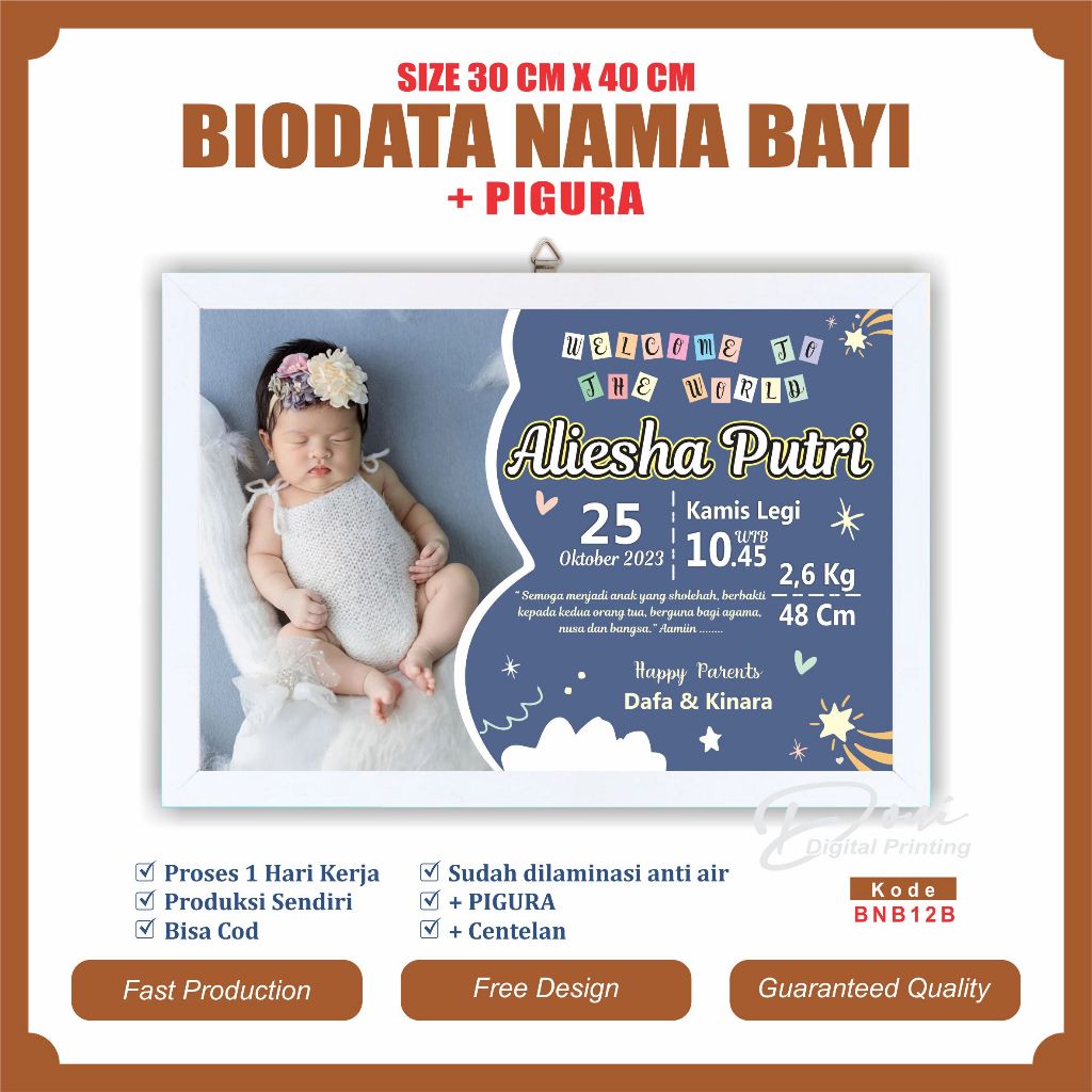 Biodata Kelahiran Bayi + Pigura Ukuran Jumbo 12 R 30 cm x 40 cm BNB12