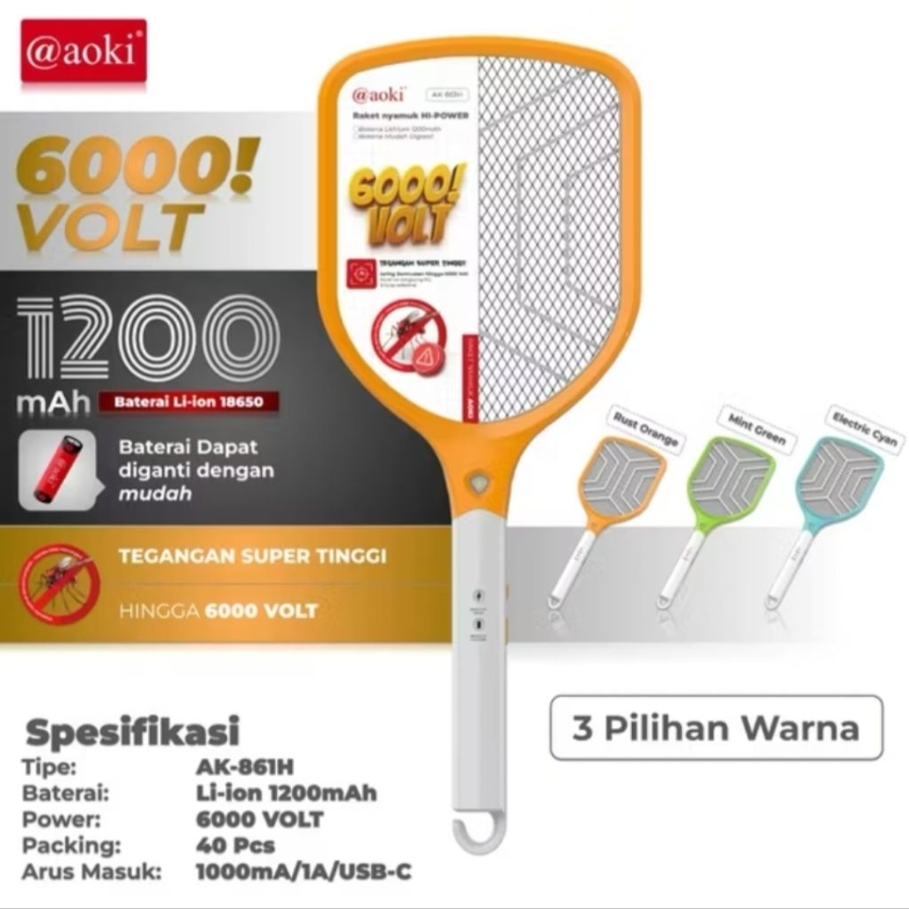Raket Nyamuk / Reket Nyamuk Ganti Batere 12000mAh AOKI AK-861H AK861H WARNA RANDOM