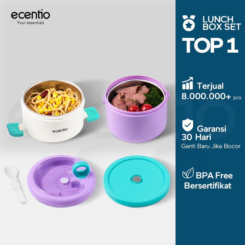 ecentio Kotak bekal stainless steel Double layer 730+550ml lunch box Tahan bocor Anti campur rasa Wa