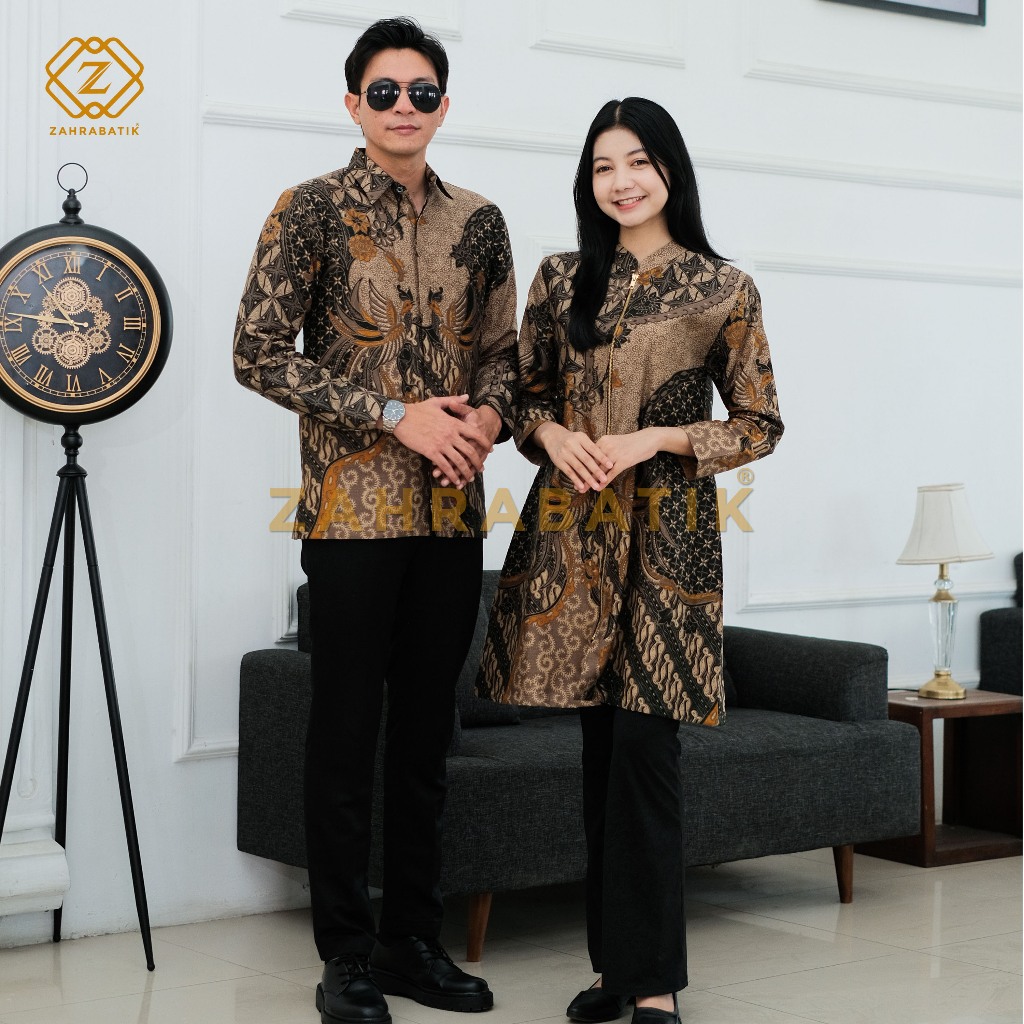 Batik Zahra-Batik Pria Lengan Panjang-Tunik Wanita-Batik Pasangan-Motif Jayantaka Warna Hijau Army