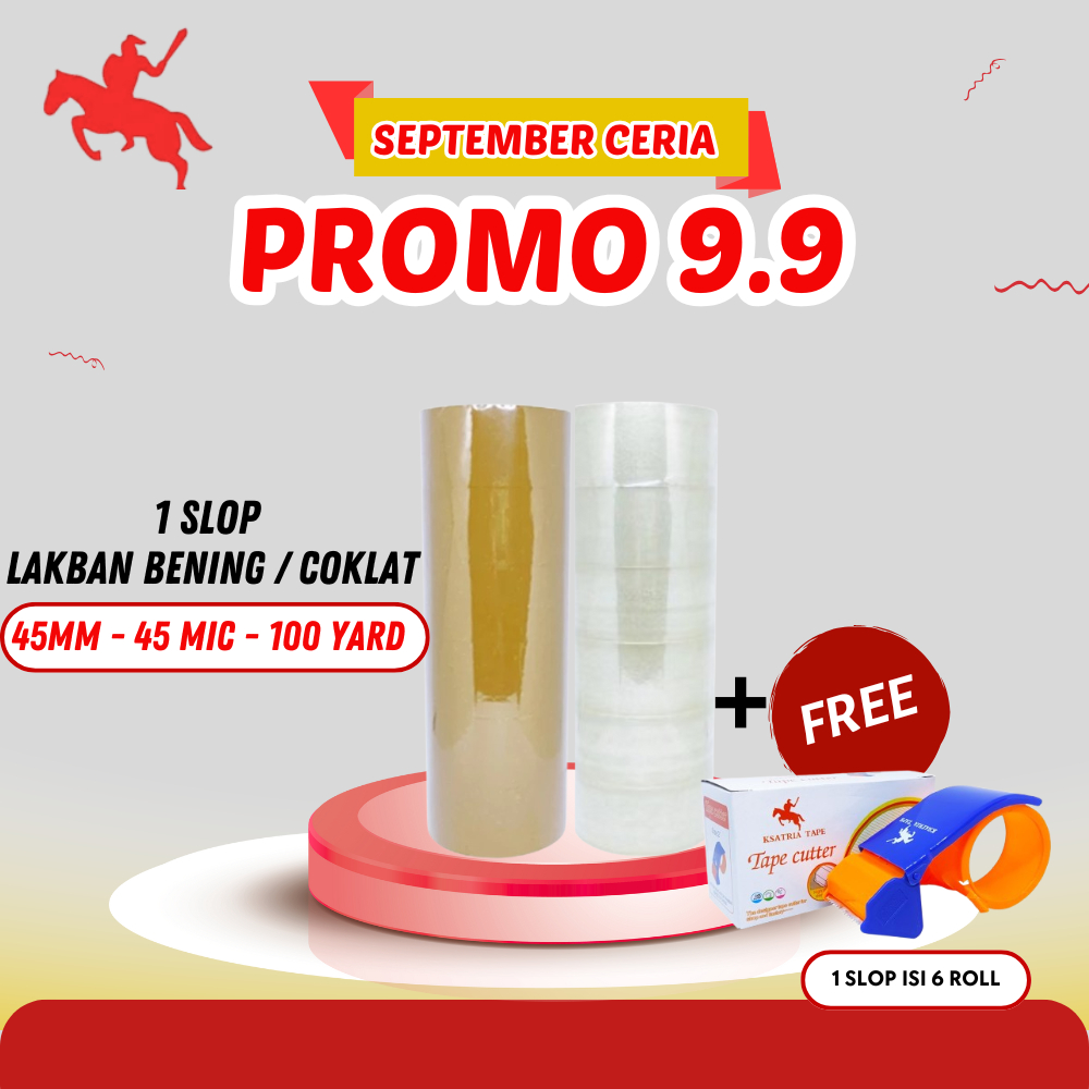 

PAKET LAKBAN HEMAT- 1 SLOP Lakban Bening+ Lakban Coklat (45mm x 100yard) + Tape Cutter