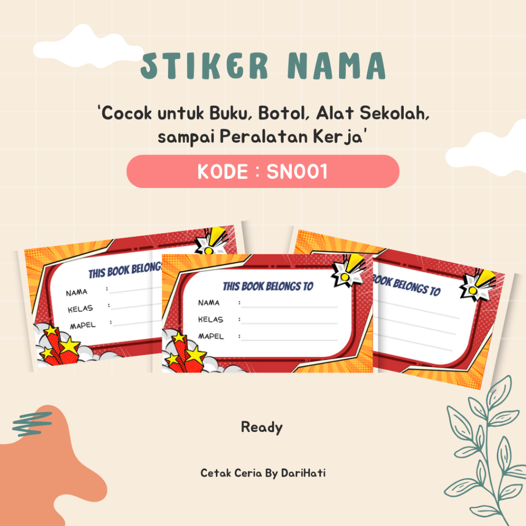 

Stiker Nama ( 6 x 4cm ) Isi 20pcs + 3pcs