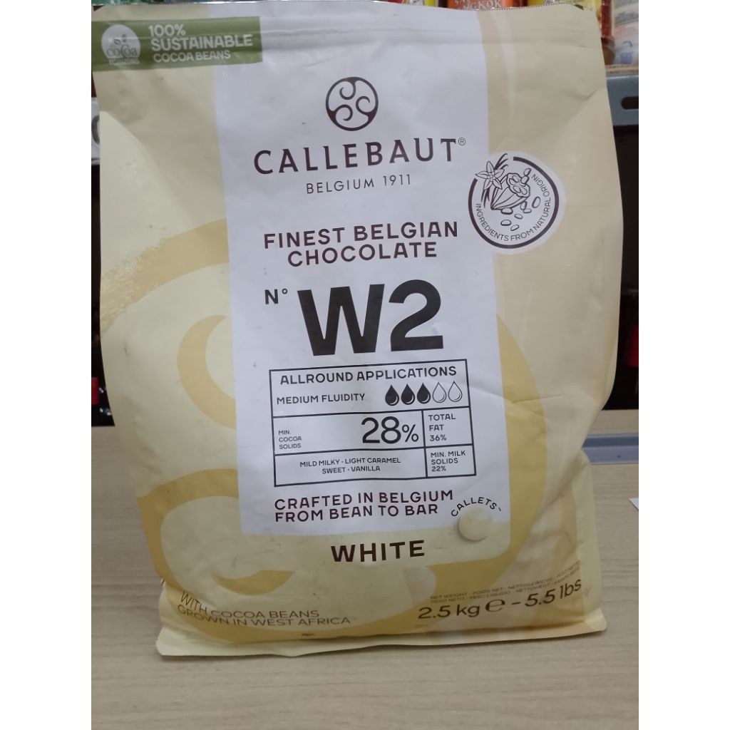

CALLEBAUT WHITE CHOCOLATE W2 2,5KG / WHITE CHOCOLATE CALLEBAUT W2 2,5KG WAJIB INSTAN