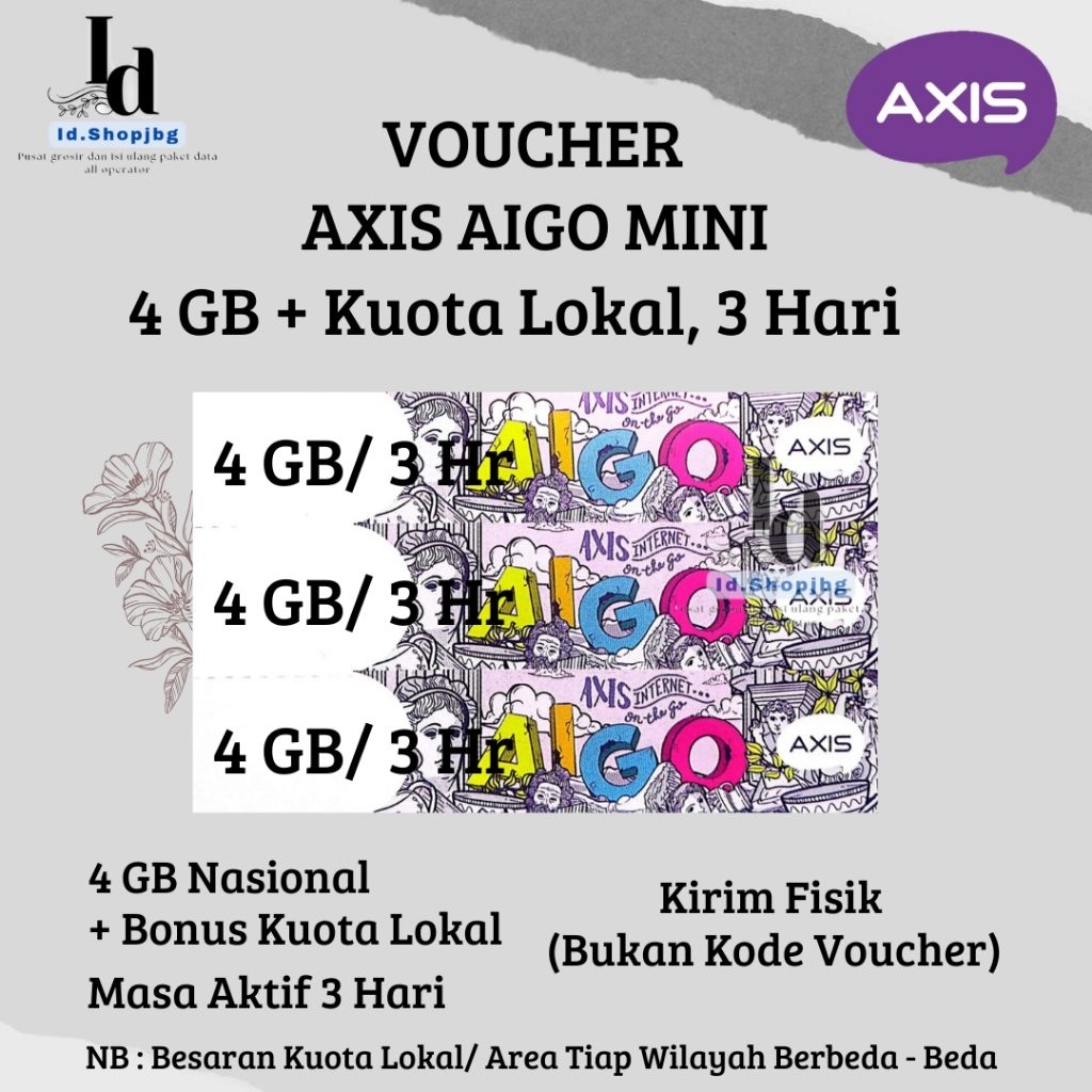 Voucher Axis Aigo Mini 4GB + Kuota Lokal, 3Hari (Kirim Fisik)
