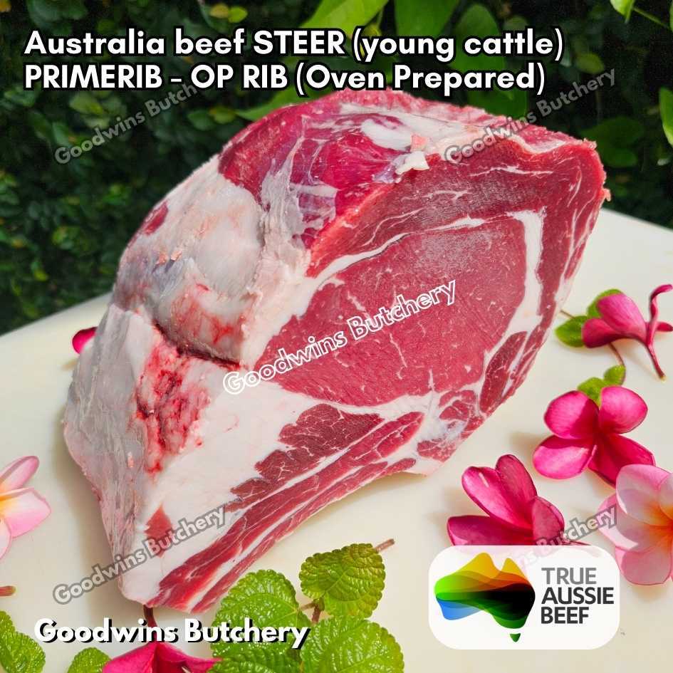

Beef PRIMERIB OP RIB (Oven Prepared) 2-4 RIBS 3-5kg Australia STEER (young cattle) KILCOY BLUE DIAMOND aged frozen Prime Rib